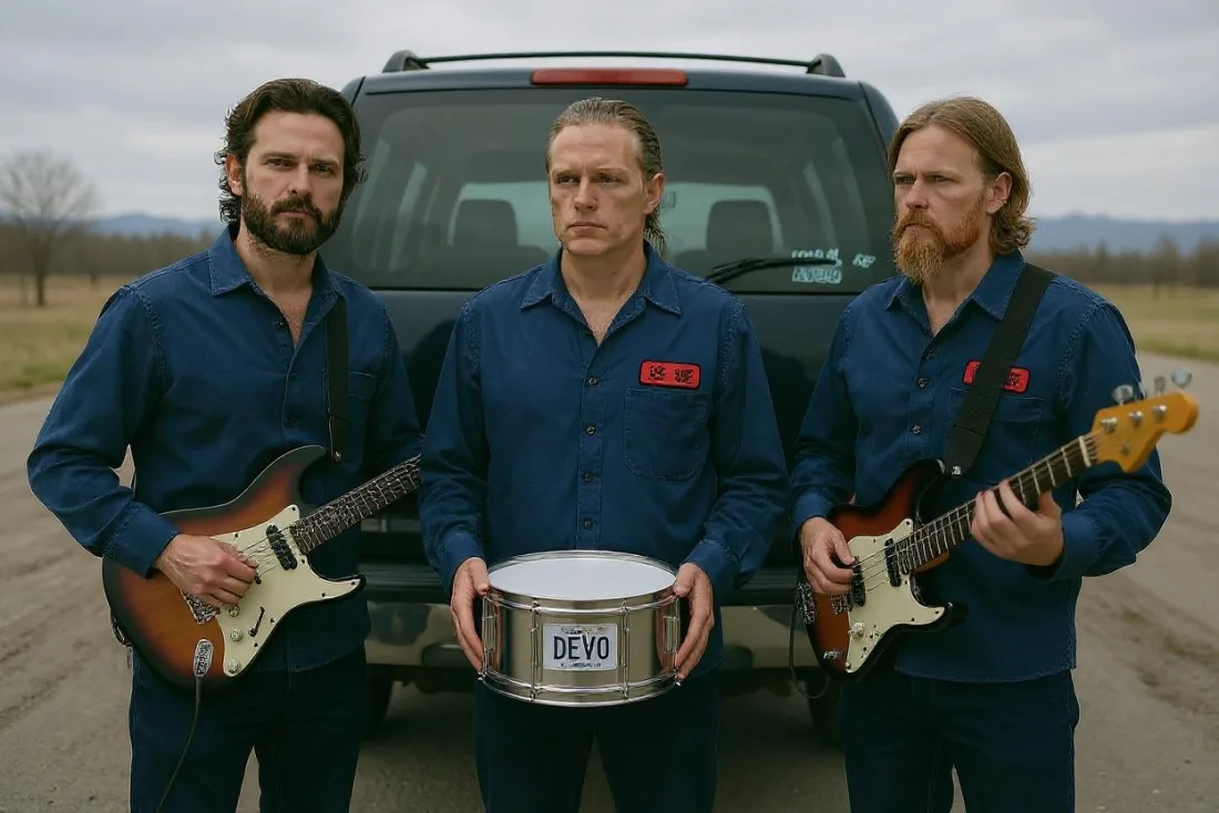 OWNER/OPERATORS in DEVO denim in front of the Suburban, a snare drum reading DEVO held between them