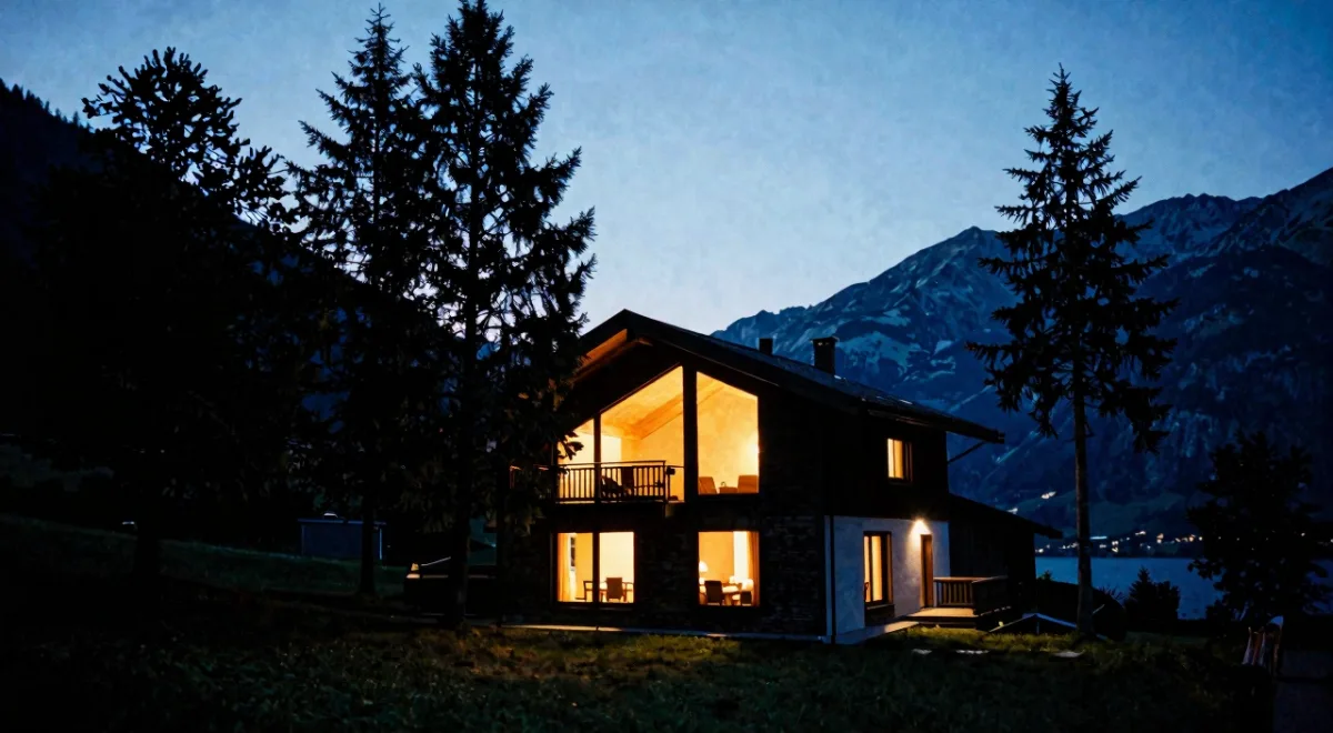 A modern mountain rental house at dusk with warm glowing windows, tall pines and a dark treeline, a distant lake