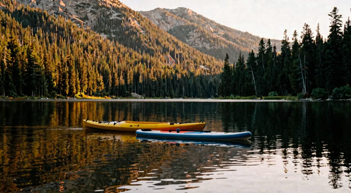 Kayaks and a paddleboard on a calm alpine lake at golden hour, forested mountains behind