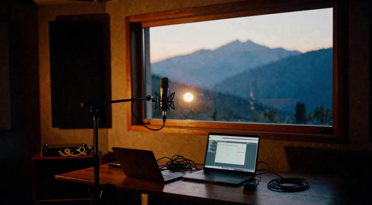 A loft recording setup at dusk: a microphone on a stand, a glowing laptop, cables, a big window with a mountain sunset